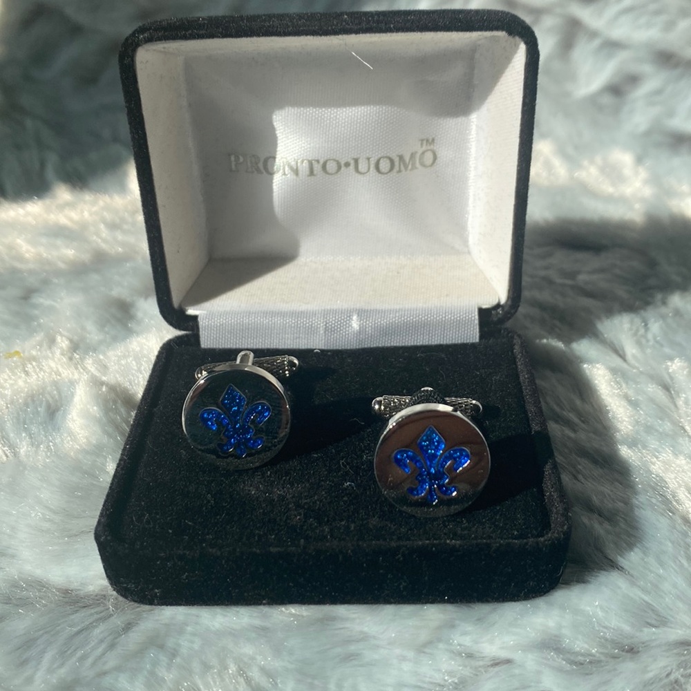 (New) Pronto-Uomo Cufflinks Fleur De lis Silver & Blue